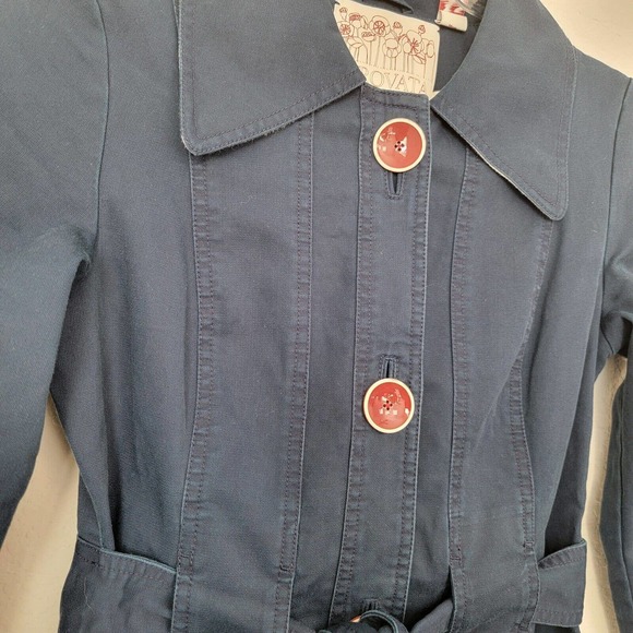 Trovata Anthropologie Pea Coat Button Down Belt Blazer Jacket XSmall 100% Cotton - Picture 2 of 9